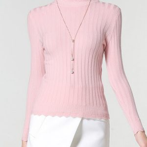 Pink Knitted Solid Ruffled Long Sleeved Top