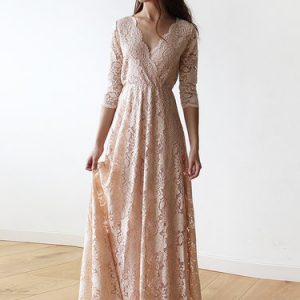 Pink Lace Plunging Neck 3/4 Sleeve Elegant Evening Dress