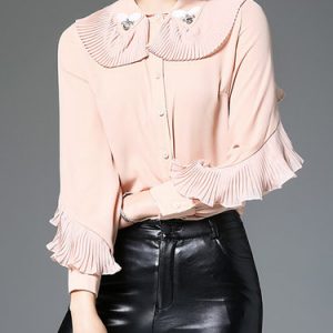 Pink Long Sleeve Peter Pan Collar Ruffled Girly Blouse