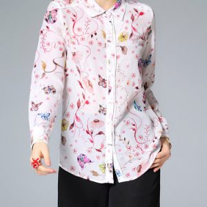 Pink Long Sleeve Printed Silk H-line Blouse