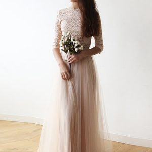 Pink Open Back Swing Half Sleeve Evening Dress