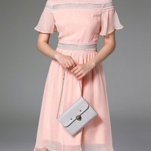 Pink Paneled Crew Neck Girly Silk Midi Dress