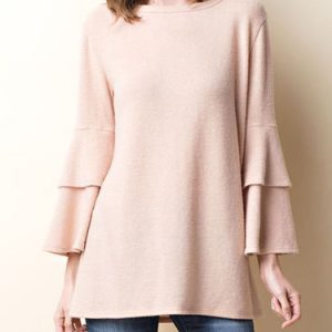 Pink Peplum Sleeve Crew Neck Plain Tunic