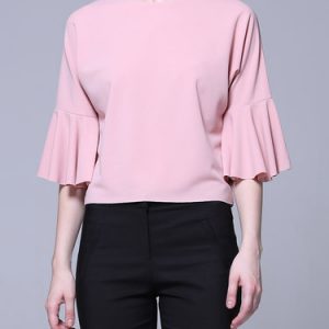 Pink Plain Crew Neck Sheath Sweet Short Sleeved Top