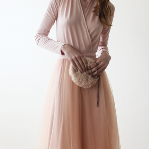 Pink Plain Paneled V Neck Long Sleeve Midi Dress