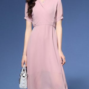 Pink Plain Short Sleeve Midi Dress