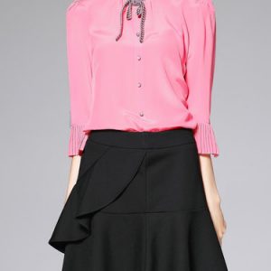 Pink Plain Simple H-line Pleated Silk Blouse