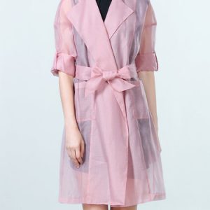 Pink Pockets Half Sleeve Casual Lapel Coat With Belt