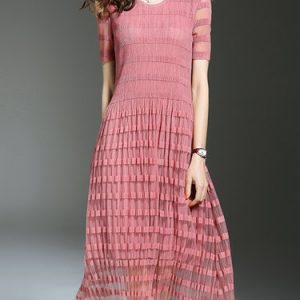 Pink Ribbed Crew Neck A-line Short Sleeve Midi Dress