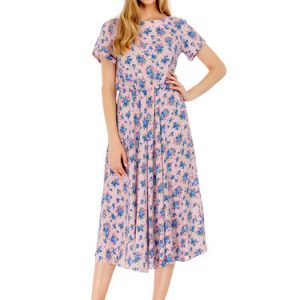 Pink Short Sleeve Floral-print A-line Midi Dress