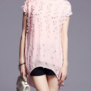 Pink Short Sleeve High Low Floral-Embroidered Tunic