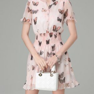 Pink Short Sleeve Printed A-line Mini Dress