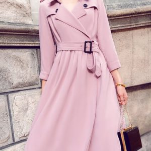 Pink Solid Long Sleeve A-line Buttoned Lapel Trench Coat