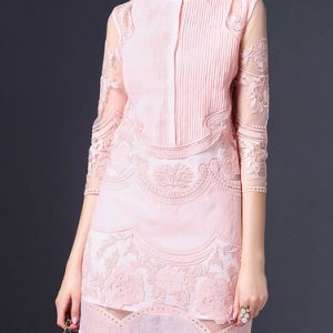 Pink Stand Collar 3/4 Sleeve Floral-embroidered Mini Dress