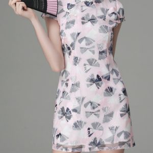 Pink Stand Collar Short Sleeve Mini Dress