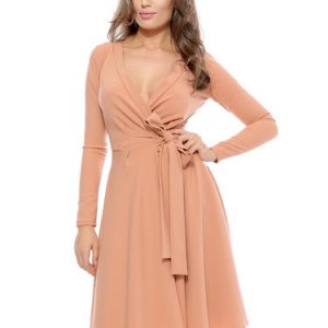 Pink Surplice Neck Long Sleeve Bow-tied Wrap Dress