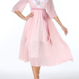 Pink Swing Halter 3/4 Sleeve Midi Dress with Belt