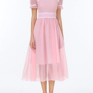 Pink Swiss-dot Girly Square Neck Midi Dress