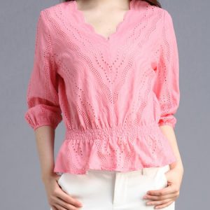 Pink V Neck Pierced 3/4 Sleeve Cotton Blouse