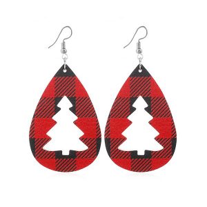 Plaid Hollow Christmas Tree Leather Earrings