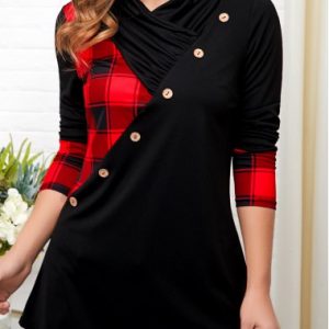 Plaid Print Button Detail Long Sleeve T Shirt - XL