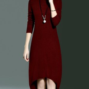 Plain Asymmetric Slit Long Sleeve Turtleneck Midi Dress