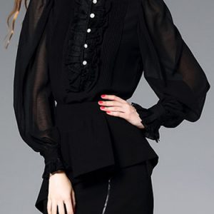 Plain Balloon Sleeve Ruffled Simple Bodysuit Blouse