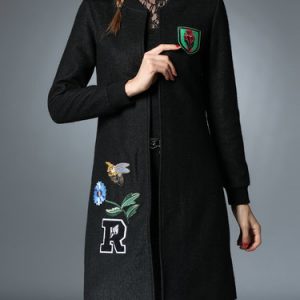 Plain Black Appliqued H-line Long Sleeve Coat