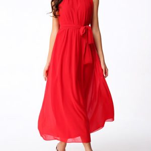 Plain Boho Ruffled Sleeveless Midi Dress with Belt