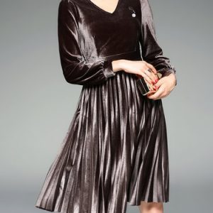 Plain Long Sleeve Pleated A-line Midi Dress