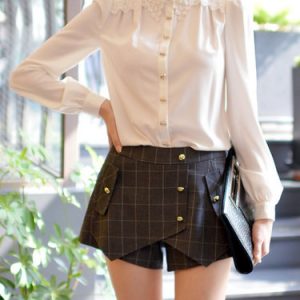 Plain Long Sleeve Shirt Collar Sweet H-line Blouse