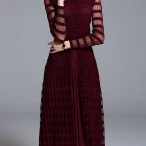 Plain Ribbed Vintage A-line Long Sleeve Midi Dress