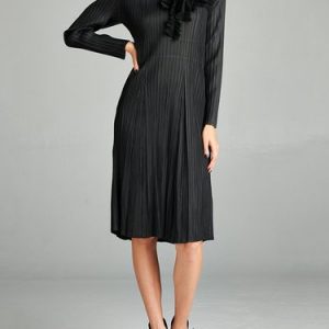 Plain Ruffled Elegant Ribbed Long Sleeve Midi Dress