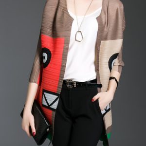 Pleated Abstract Printed Casual 3/4 Sleeve Color-block Coat