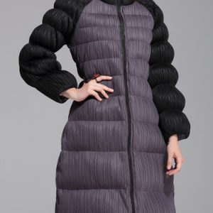 Pleated Color-block Casual Long Sleeve Hoodie Coat