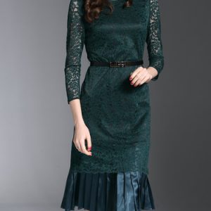 Pleated Floral Lace Mermaid 3/4 Sleeve Girly Midi Dress