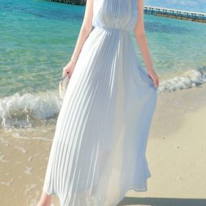 Pleated Girly Sleeveless Ruffled Swing Crew Neck Maxi Dress