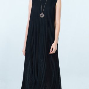 Pleated Solid H-line Sleeveless Elegant Midi Dress