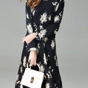 Pleated Vintage Floral-print Long Sleeve Midi Dress