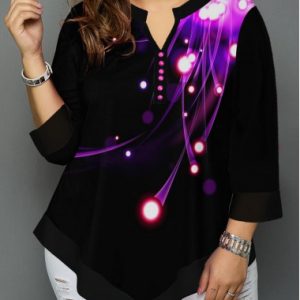 Plus Size Asymmetric Hem Printed Split Neck T Shirt - 0X