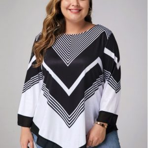 Plus Size Asymmetric Hem Printed Three Quarter Sleeve T Shirt - 1X