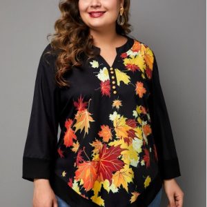 Plus Size Asymmetric Hem Split Neck Printed T Shirt - 0X