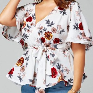 Plus Size Clothes For Women Floral Print White Polyester Top