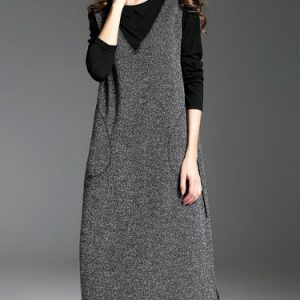 Pockets Casual Long Sleeve Crew Neck Polyester Midi Dress