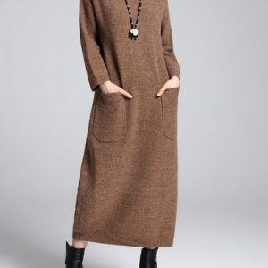 Pockets H-line Turtleneck Simple Solid Sweater Dress