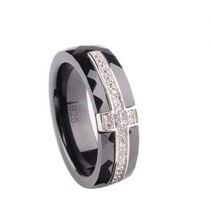 Polished Nano Ceramic Cross with S925 Sterling Silver & CZ Diamond Embedded White Gold Electroplated Ring