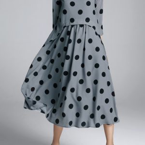 Polka Dots A-line 3/4 Sleeve Midi Dress with Belt