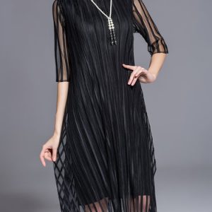 Polyester Elegant Half Sleeve Crew Neck A-line Midi Dress