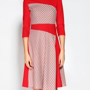 Printed 3/4 Sleeve Color-block Midi Dress