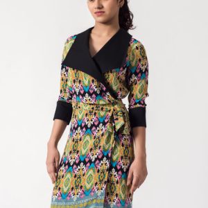 Printed 3/4 Sleeve Vintage H-line Lapel Wrap Dress